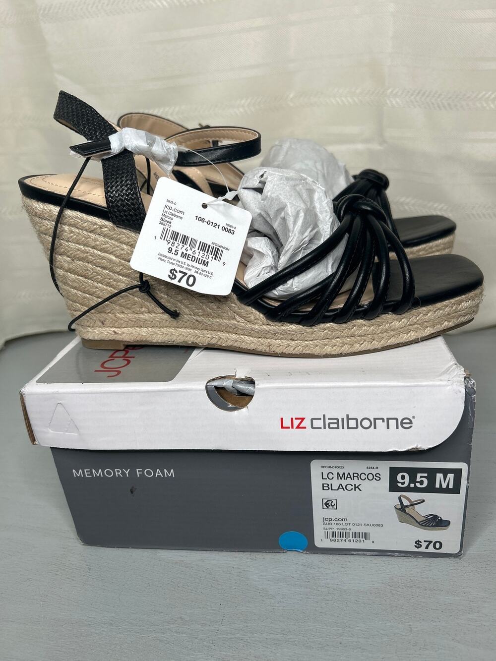 Liz Claiborne Marcos Wedge Sandals Black Womens Size 9.5M Knotted